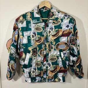 Vintage 80s Fuda International 100% Silk Pottery Print Track Jacket Size S